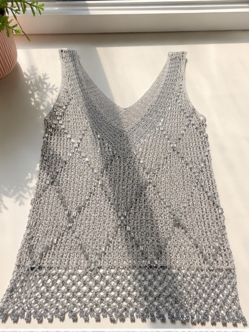 Vintage Silver Metallic Beaded Crochet Tank | Y2K Festival Fairy Boho Glam